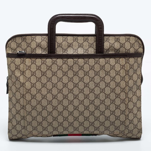 GUCCI Brown/Beige GG Supremes Canvas and Leather Web Business Briefcase Bag - Picture 4 of 8